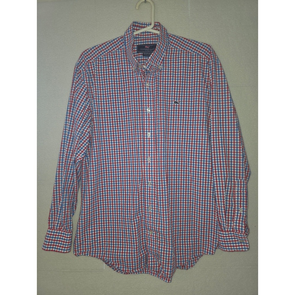 Vineyard Vines Mens Whale Shirt Medium Red White Blue Gingham Button Down Cotton